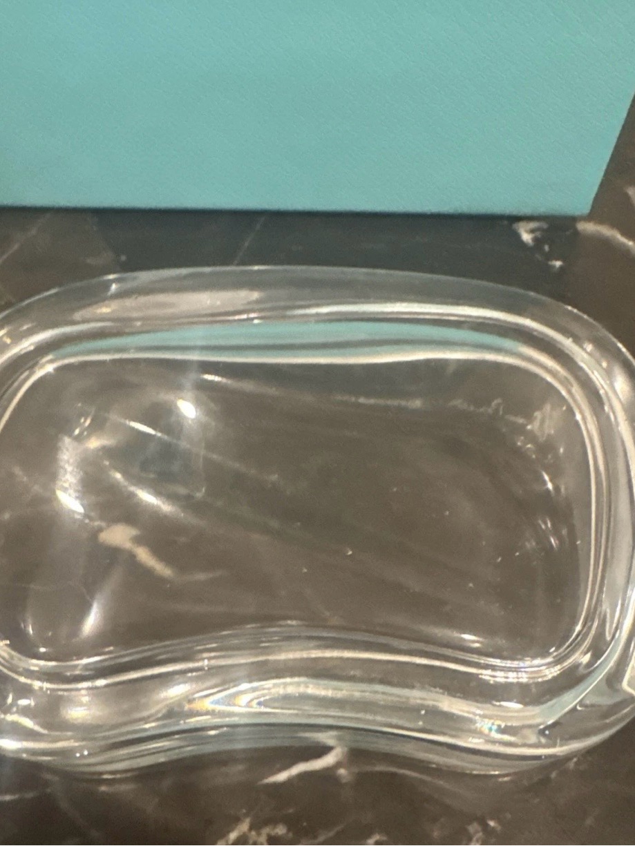 Elsa Peretti Tiffany & Co Auth Crystal Glass Jewelry Trinket Box W Bean/Wave Lid